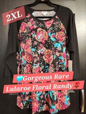 Lularoe Randy Floral Tee Shirt Black Unicorn Disney Roses 2xl 2x Xxl Xl Plus New